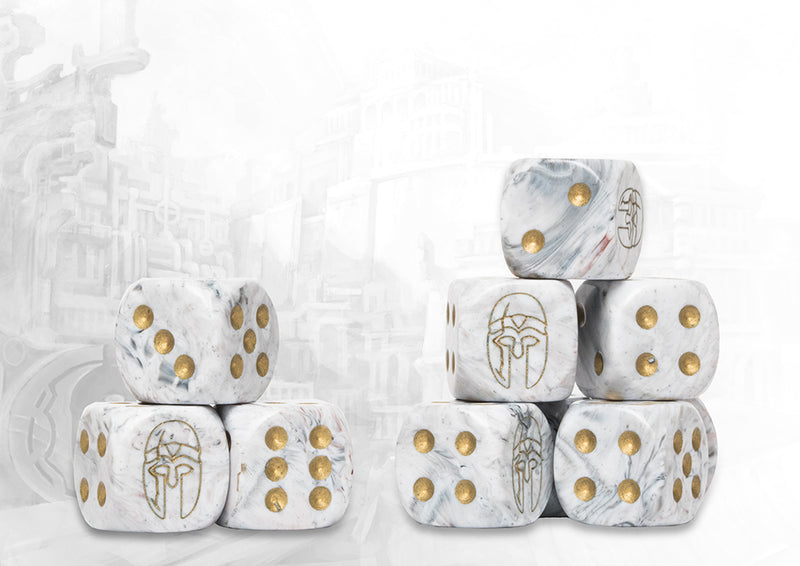 City States Logo – Light Grey Marbled Dice with Gold Pips (24 Pack)