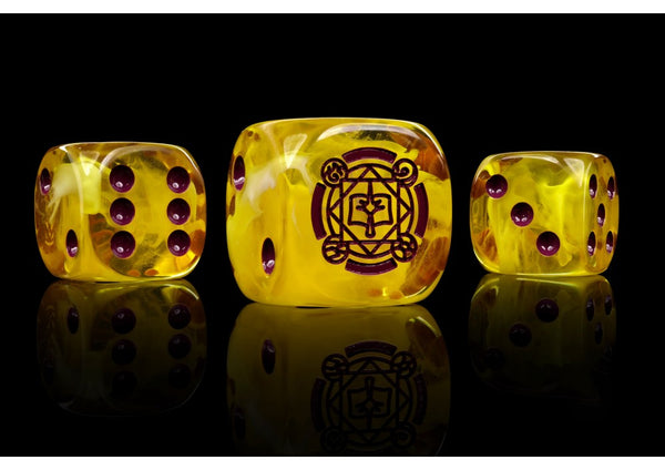 Sorcerer Kings Faction Dice on Grey and Magenta swirl Dice